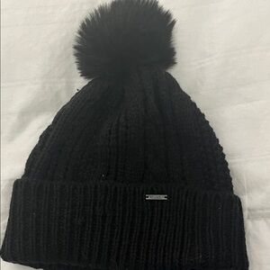 DKNY Black Knit Hat with Pom Pom